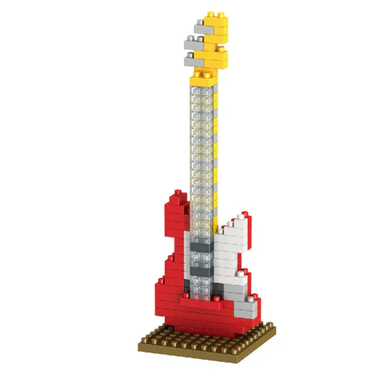 Red and yellow electric guitar musical instrument building model made of ABS plastic bricks for guitar diy assembly