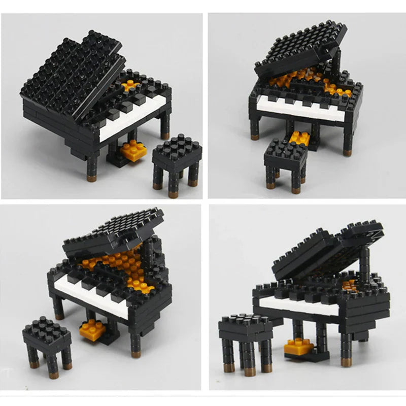 Black grand piano model made from interlocking abs plastic bricks with white and gold keys for musical instrument building