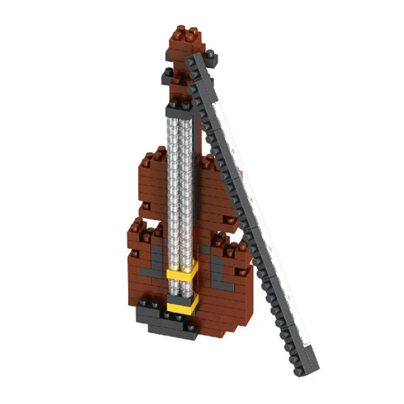 Brown and silver lego-style miniature violin with black bow made of abs plastic for musical instrument building and guitar diy assembly