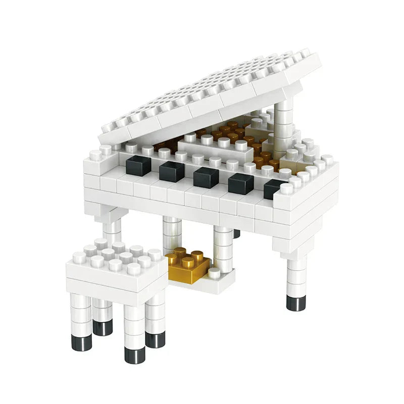 White grand piano model with black and gold accents made from abs plastic musical instrument building blocks for guitar diy assembly