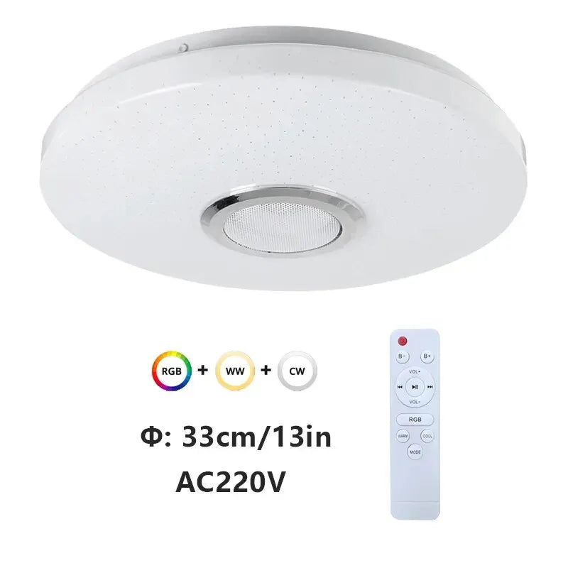 White circular modern ceiling lamp with speckled texture and silver speaker grille smart ceiling lights bluetooth music light