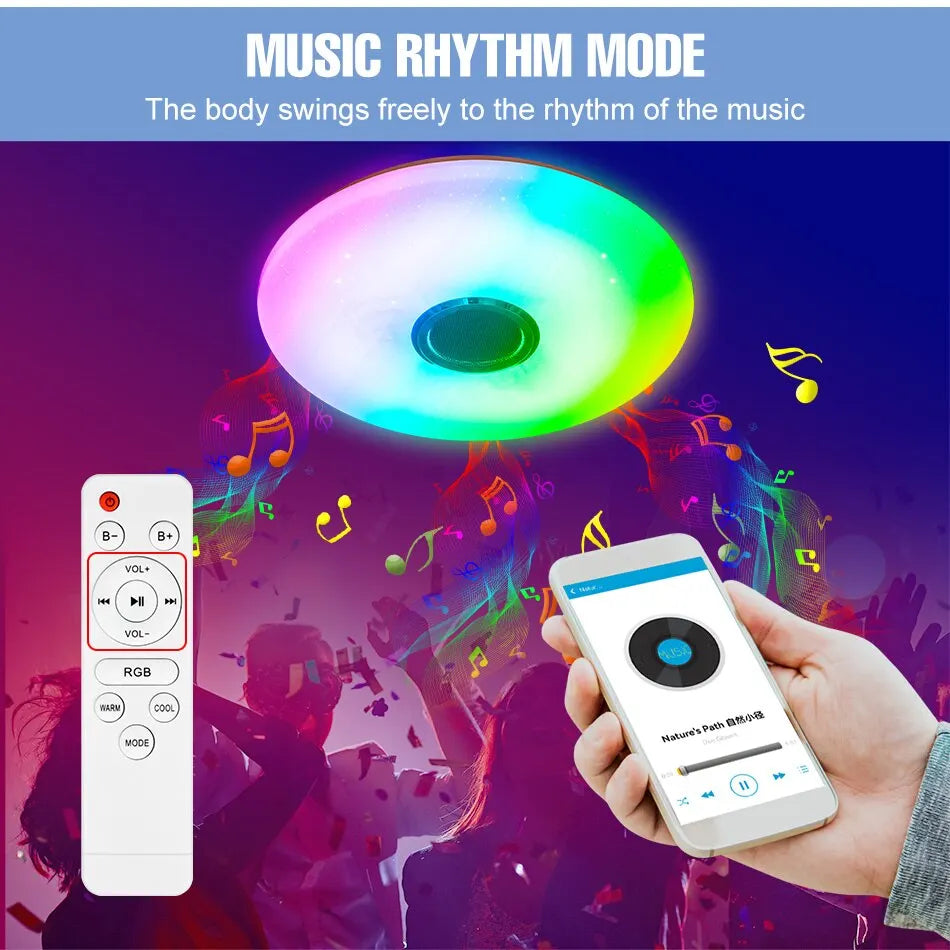 A multi-colored led modern ceiling lamp with bluetooth music light and smart dimming features for home lighting