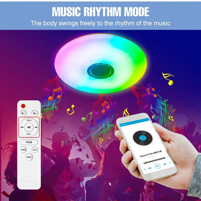 A multi-colored led modern ceiling lamp with bluetooth music light and smart dimming features for home lighting