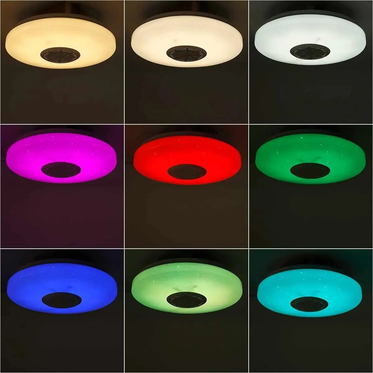 Modern ceiling lamps with a frosted acrylic diffuser and central speaker grille as smart ceiling lights bluetooth music light