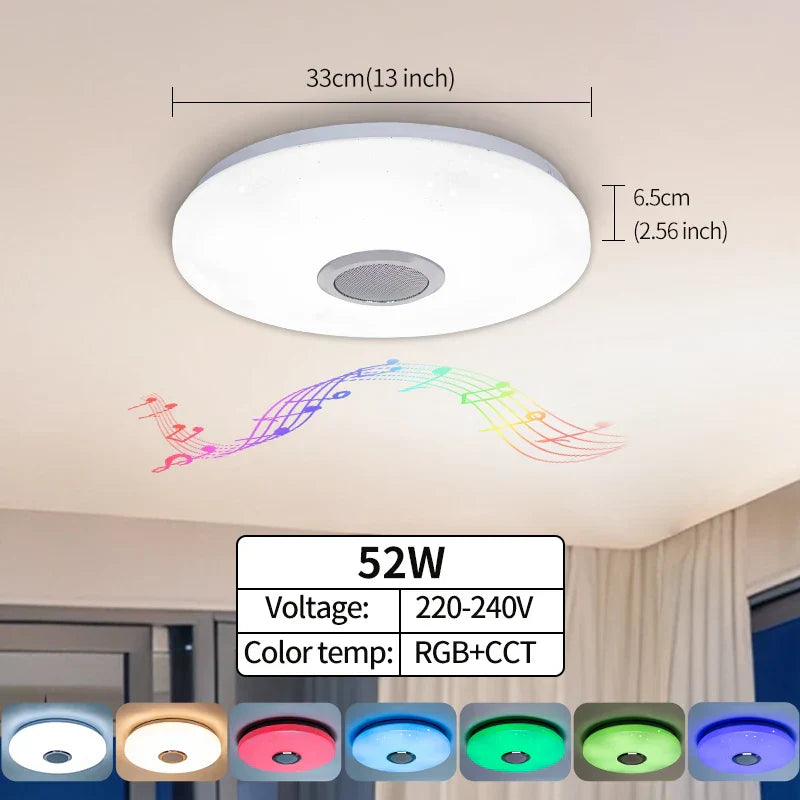 Modern ceiling lamps with white diffuser and central speaker grille featuring rgb+cct colors smart ceiling lights bluetooth music light