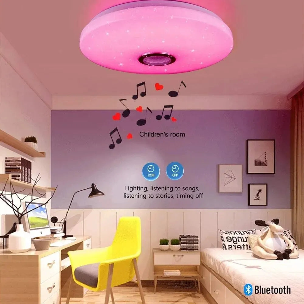 Pink circular modern ceiling lamp with star-like led lights and central speaker grille bluetooth music light
