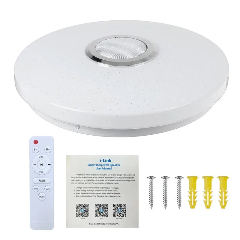 White circular smart ceiling lamp with silver trim featuring bluetooth music light for modern home lighting use