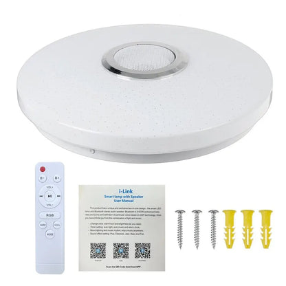 White circular smart ceiling lamp with silver trim featuring bluetooth music light for modern home lighting use