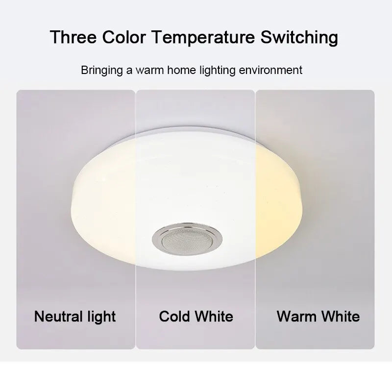 Modern white circular smart ceiling light with bluetooth music light and three color temperature settings for home use