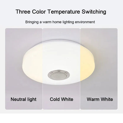 Modern white circular smart ceiling light with bluetooth music light and three color temperature settings for home use