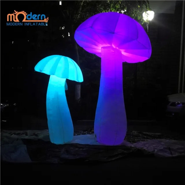 Glowing giant inflatable mushroom balloon rgb in vibrant blue and purple gradient made of oxford cloth for advertising and events