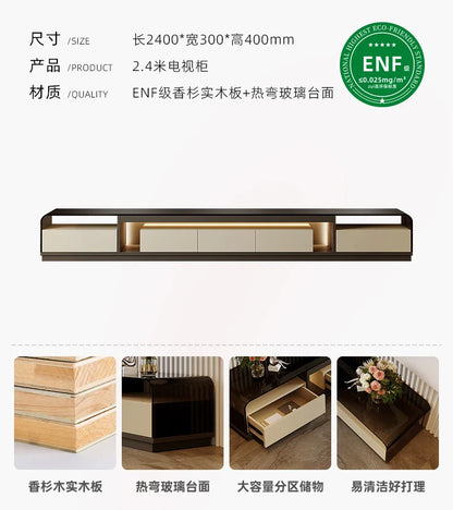 Modern luxury tv stand rack vertical crafted from enf-grade cedar wood with curved glass top in beige and black finish