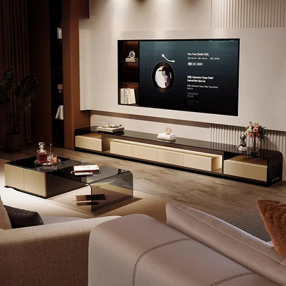 Modern luxury tv stand with sleek black and cream finish featuring a minimalist stand rack vertical media console table