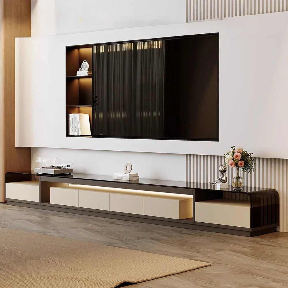 Modern luxury tv stand rack vertical in black and cream lacquer with integrated led lighting media console table