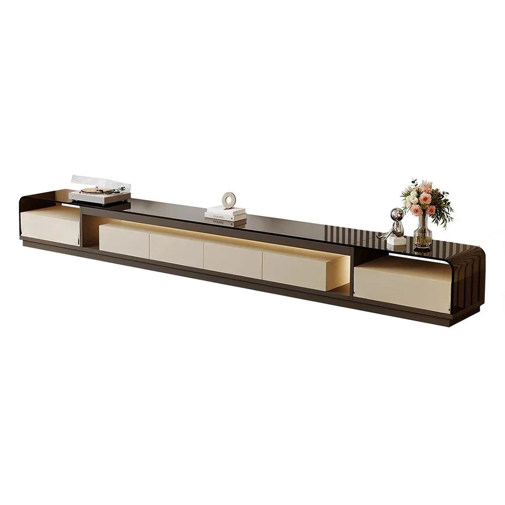 Modern luxury tv stand with sleek dark wood and cream media console table featuring minimalist vertical stand rack design