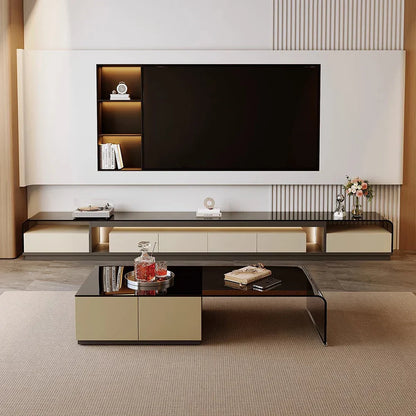 Modern luxury tv stand rack vertical with sleek black and beige finish, integrated lighting, and open shelving media console table