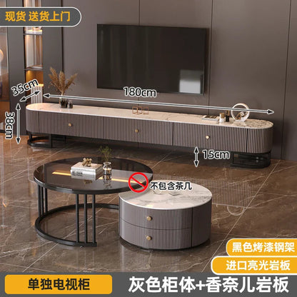 Modern gray striped tv console with marble top and black steel frame featuring modern metal handles minimalist tv stand
