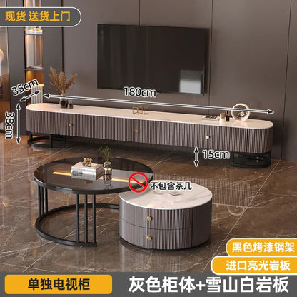 Modern gray striped minimalist tv stand with white marble top and black powder-coated steel legs featuring modern metal handles