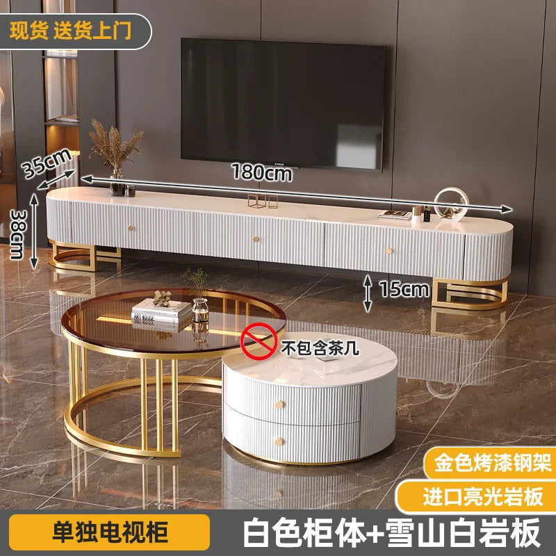 Modern metal handles minimalist tv stand with white ribbed texture, gold steel legs, and imported glossy quartz panels