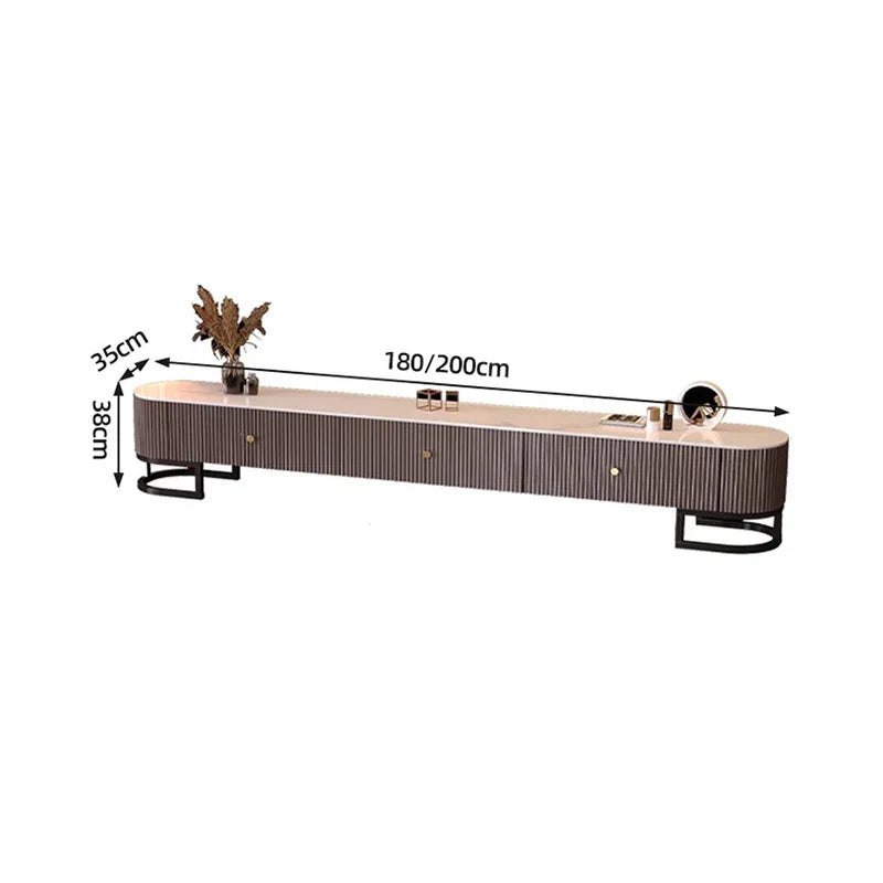 Modern metal handles minimalist tv stand with curved dark brown and beige wood-grain panels industrial tv meubel