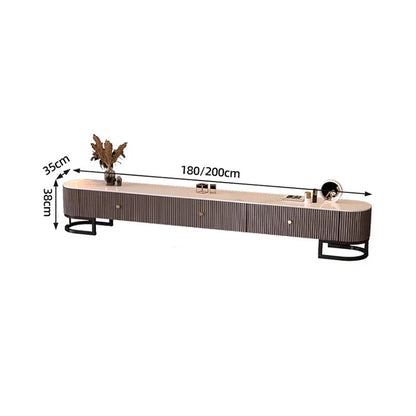 Modern metal handles minimalist tv stand with curved dark brown and beige wood-grain panels industrial tv meubel