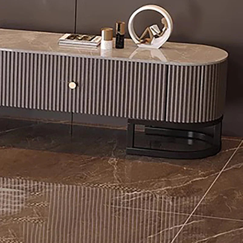 Modern gray marble-top minimalist tv stand with vertical ribbed sides and modern metal handles in an industrial tv meubel style
