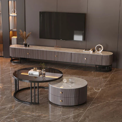 Modern gray striped minimalist tv stand with marble top and black metal legs featuring modern metal handles for living room