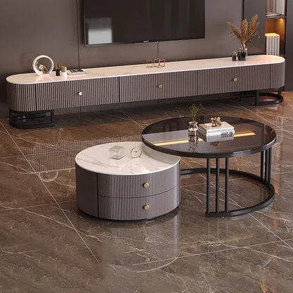 Modern round coffee table with white marble top gray ribbed sides gold modern metal handles minimalist tv stand design