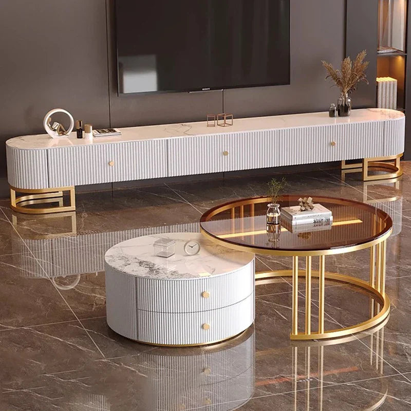 Modern white and gold striped minimalist tv stand with marble top and modern metal handles for living room use