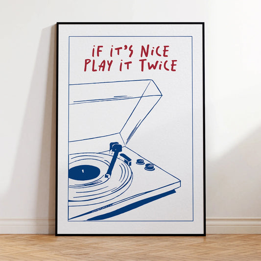 A blue line art record player framed poster with red text for modern living room home decor wall art