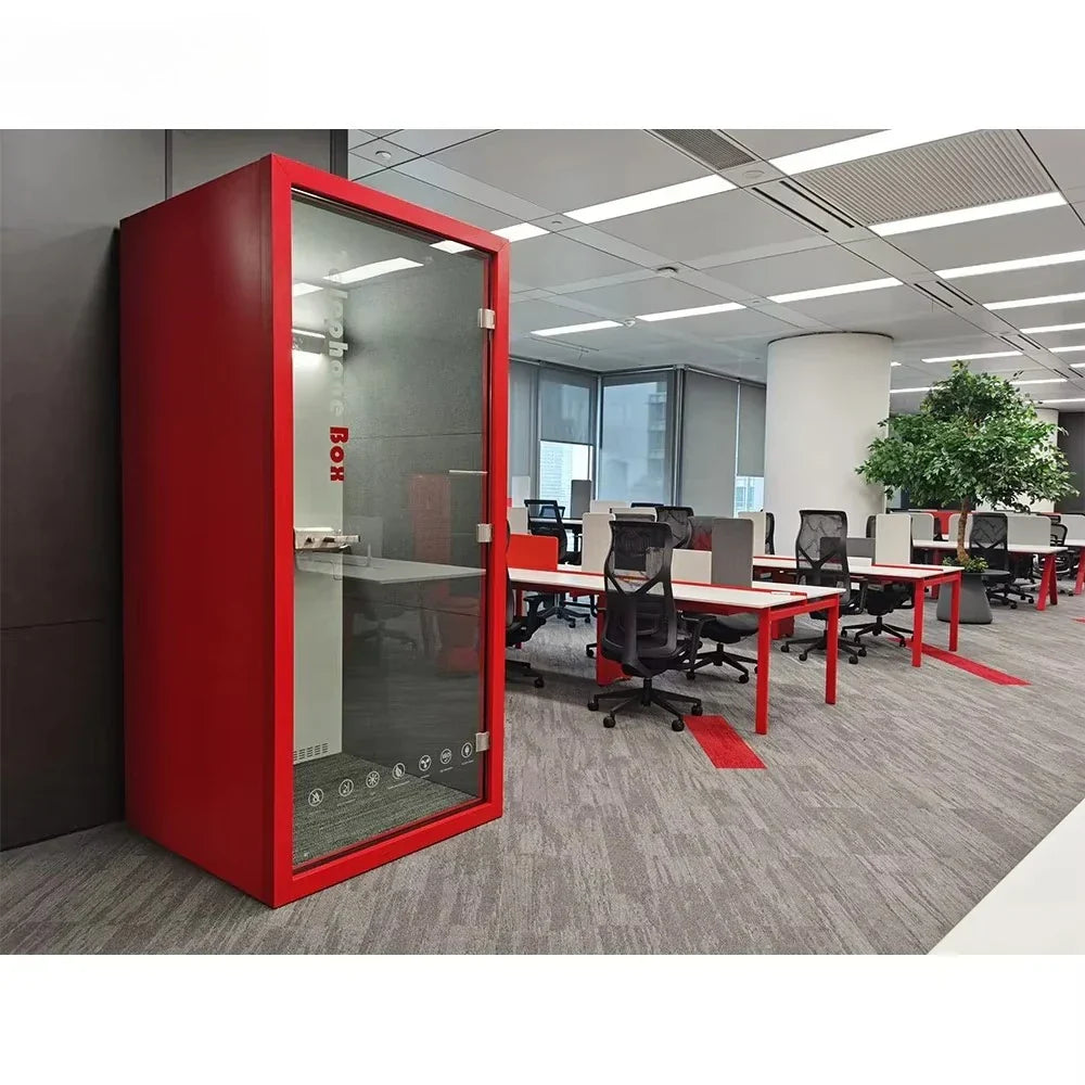 Red-framed glass-walled soundproof single person pod portable studio from modern office furniture collection