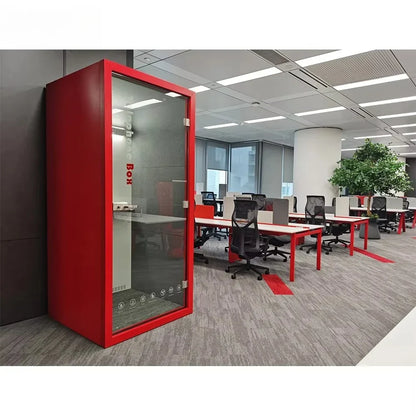 Red-framed glass-walled soundproof single person pod portable studio from modern office furniture collection