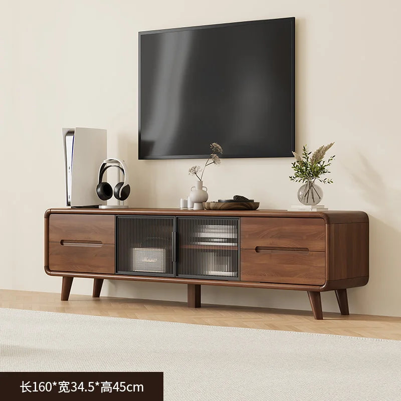 Modern walnut finished media console with glass paneled doors and tapered legs for decor luxury nordic living room