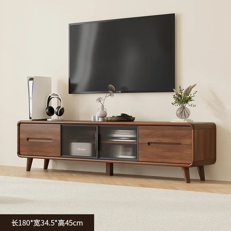 Wooden tv console with drawers and glass panel in dark walnut finish perfect for decor luxury nordic moderno living room