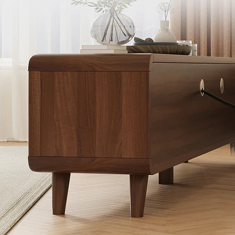Dark brown wooden media console with sleek rounded edges and tapered legs for moderno living room decor luxury nordic
