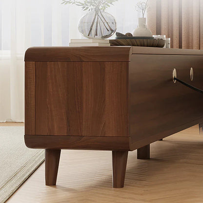 Dark brown wooden media console with sleek rounded edges and tapered legs for moderno living room decor luxury nordic