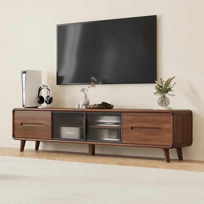 Modern simple tv stand with walnut finish glass-paneled doors and tapered legs for decor luxury nordic living room