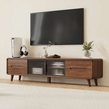 Modern simple tv stand with walnut finish glass-paneled doors and tapered legs for decor luxury nordic living room