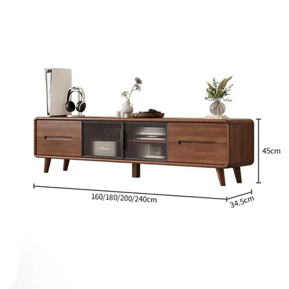 Modern wooden tv cabinet with two drawers and glass-paneled center featuring decor luxury nordic and elegant glamour design