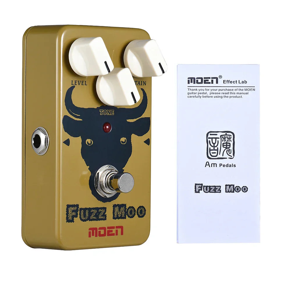 Gold moen fuzz moo fuzz guitar effect pedal with true bypass full metal shell and three white knobs for tone control
