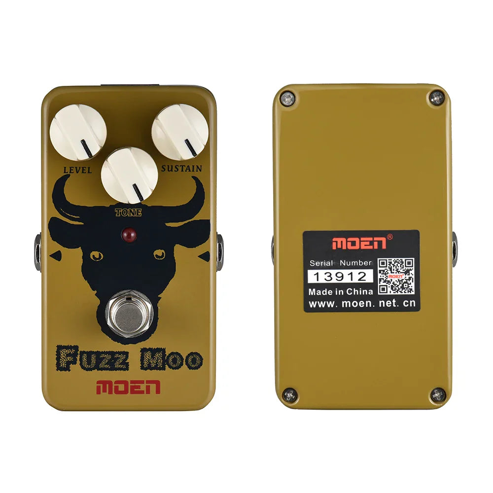 Gold moen fuzz moo fuzz guitar effect pedal with black bull graphic, three white knobs, true bypass, and tone control