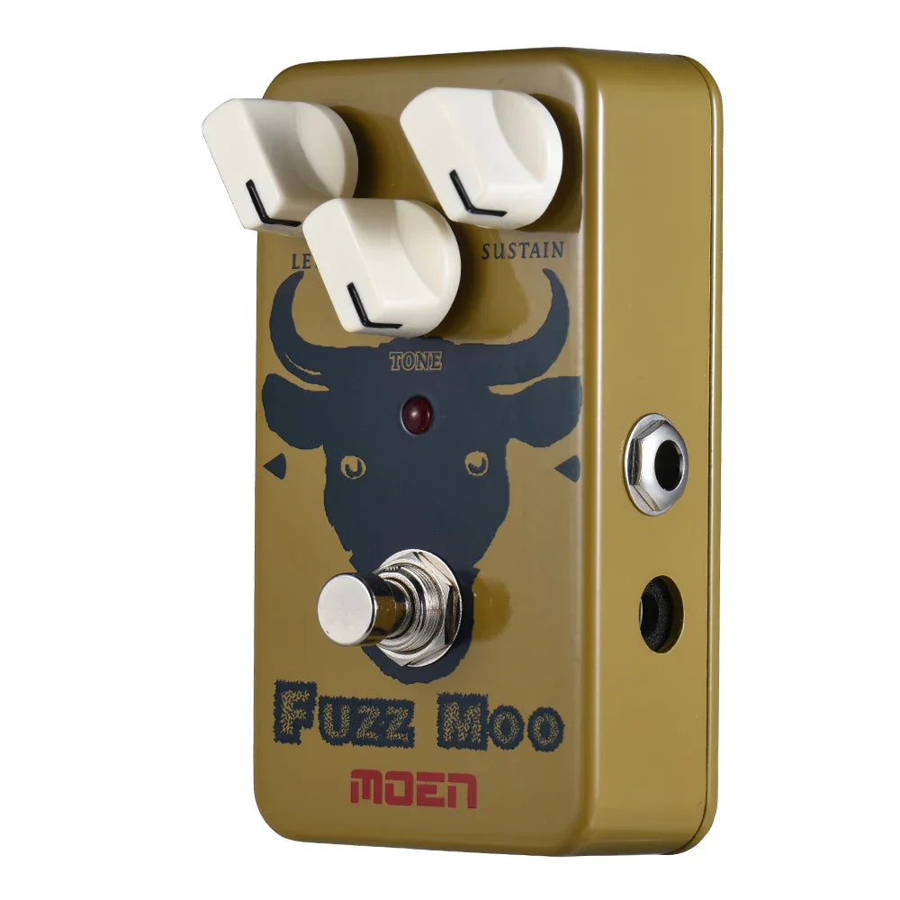 Gold moen fuzz moo fuzz guitar effect pedal with true bypass full metal shell and tone knob featuring black bull graphic