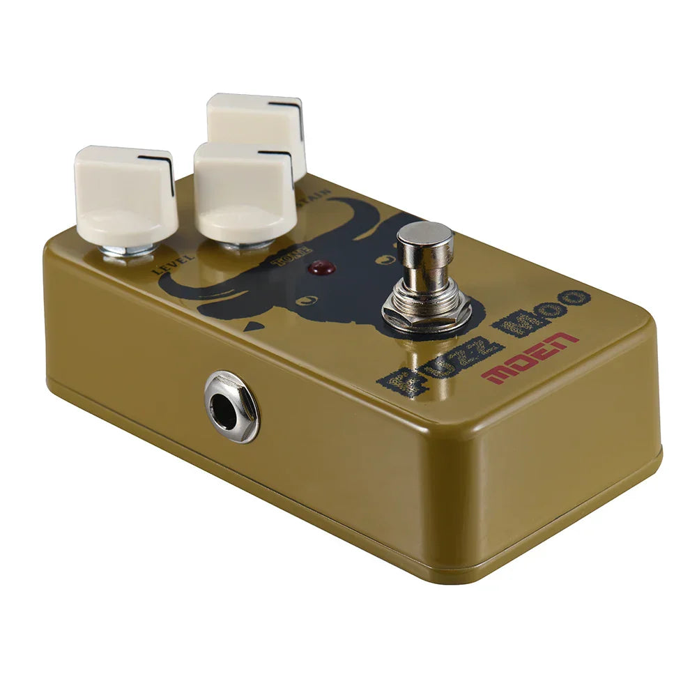 Olive green metal moo fuzz guitar effects pedal with true bypass, tone knob, white knobs, and black bull graphic