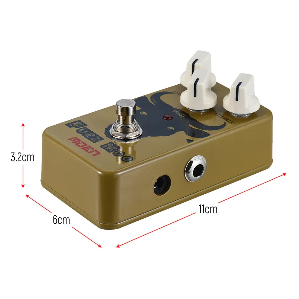 Olive green moen am-fm fuzz moo fuzz guitar effect pedal with true bypass full metal shell and tone knob featuring bull graphic