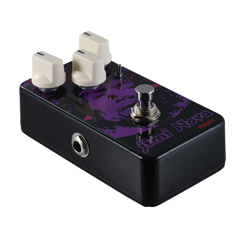 Black rectangular moen am-vb jimi nova chorus guitar effect pedal with true bypass, metal shell, three cream knobs, and jimi hendrix graphic