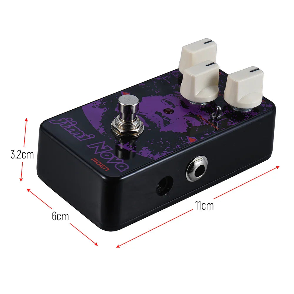 Black rectangular moen am-vb jimi nova chorus guitar effects pedal with purple design, cream knobs, true bypass, metal shell