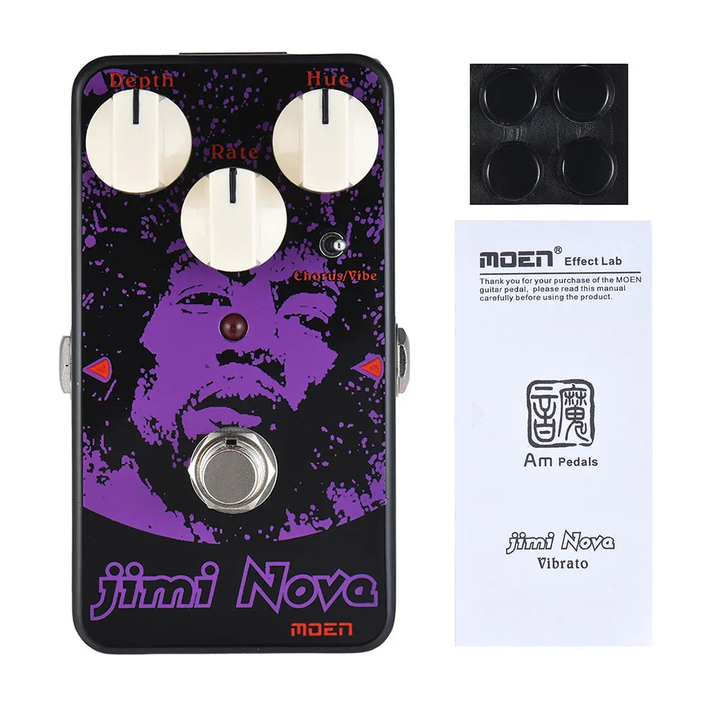 Black moen jimi nova chorus true bypass guitar pedal with purple portrait design three cream knobs full metal shell