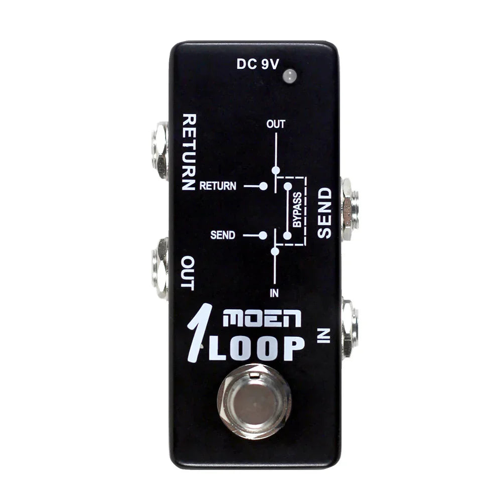 Black moen guitar effects pedal with silver metal footswitch, input/output jacks, item weight 140g, size 100x65x61mm