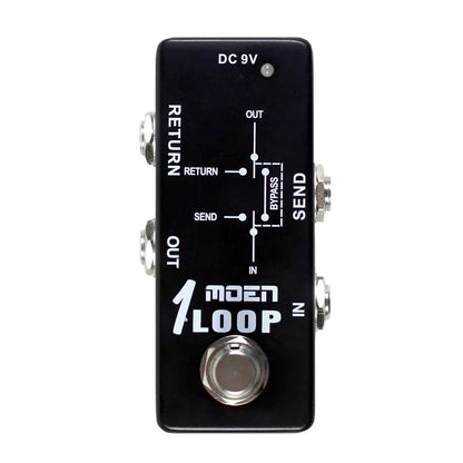 Black moen guitar effects pedal with silver metal footswitch, input/output jacks, item weight 140g, size 100x65x61mm