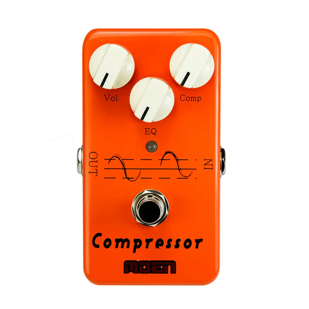 Vibrant orange moen compressor guitar pedal with vol eq comp knobs size 100*65*61mm and 4 monaural jack impedance